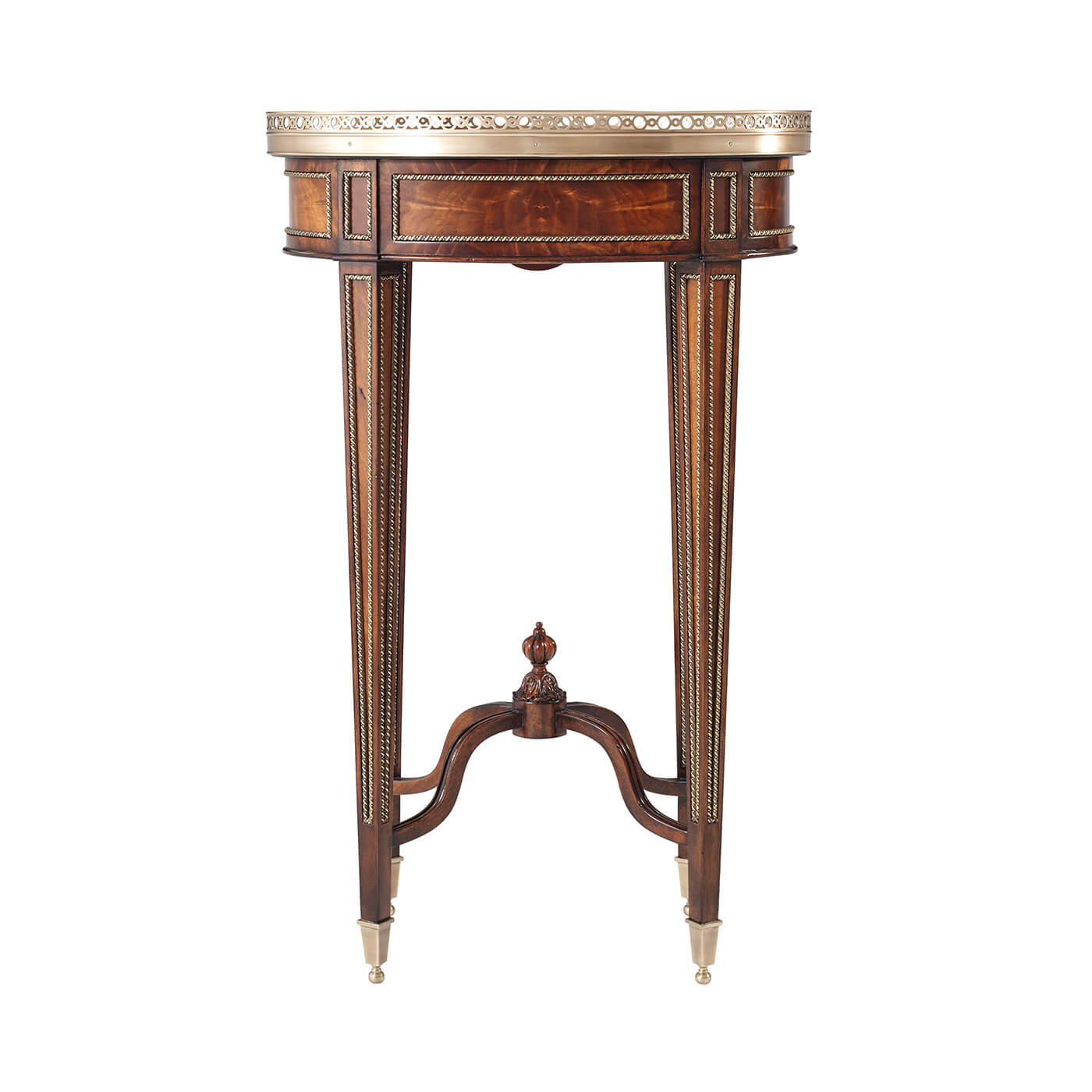Oval end table, back view, decorative molding accents.