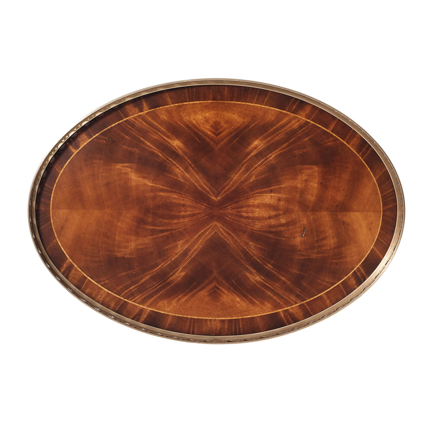 Oval end table, top view, wood grain pattern.