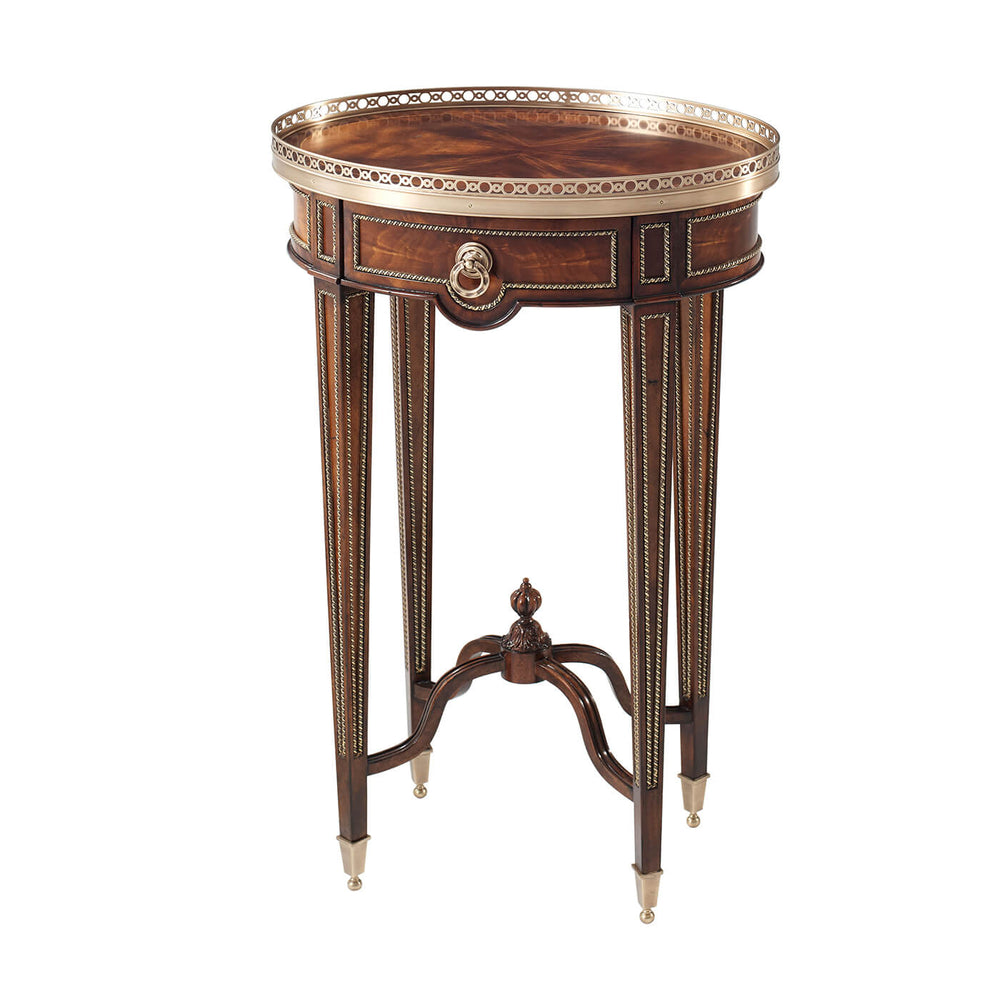 Oval end table, angled front view, intricate details.