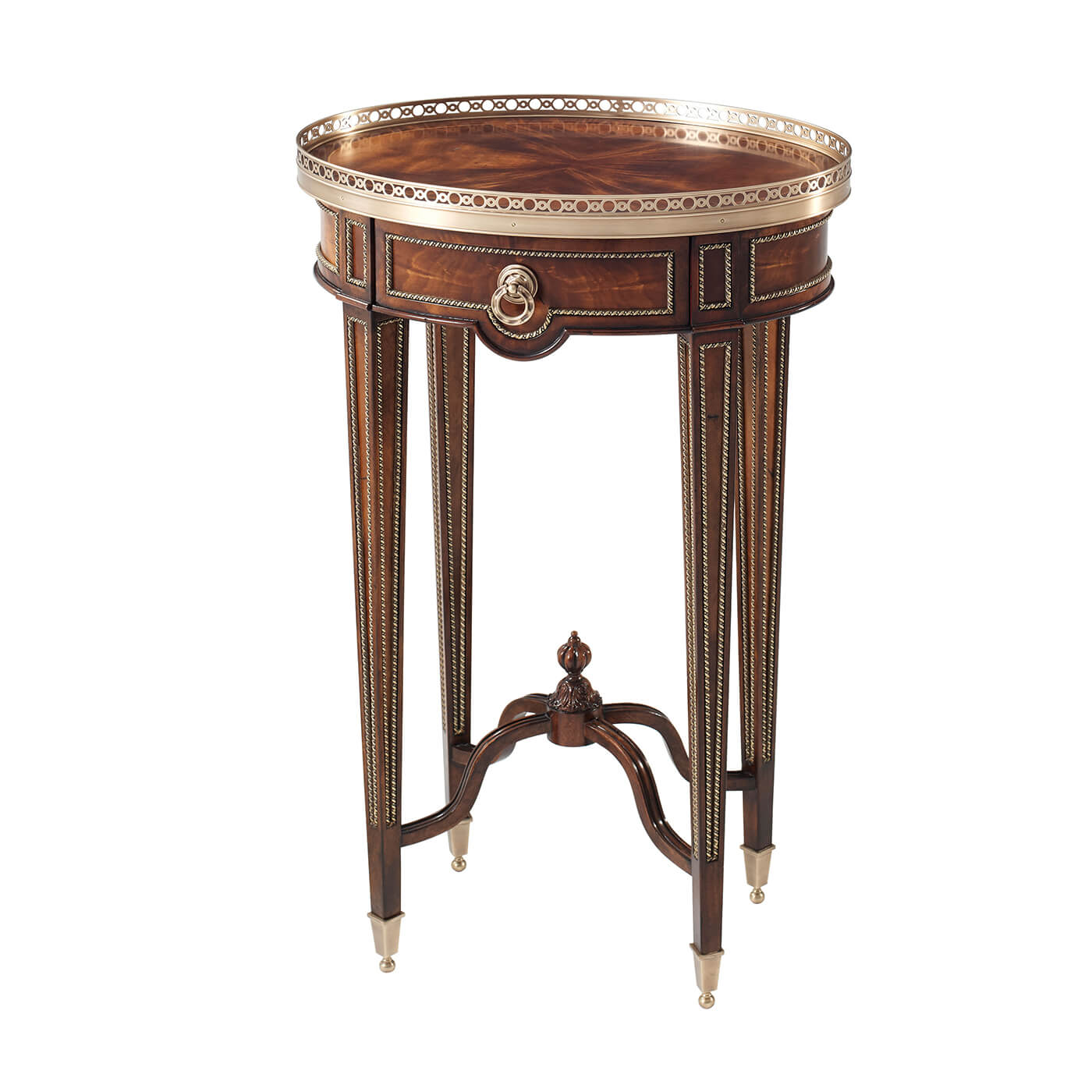 Oval end table, angled front view, intricate details.