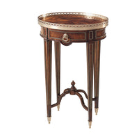Oval end table, angled front view, intricate details.