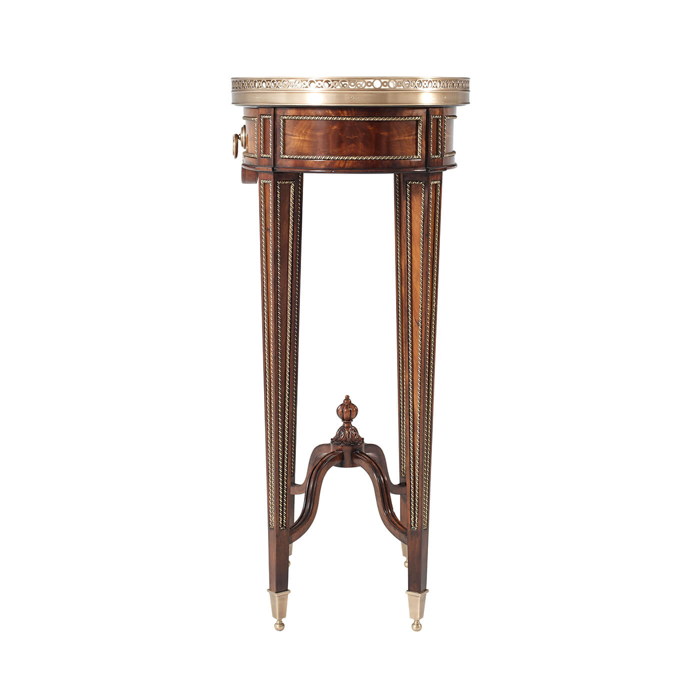 Oval end table, side view, slender legs, ornate feet.