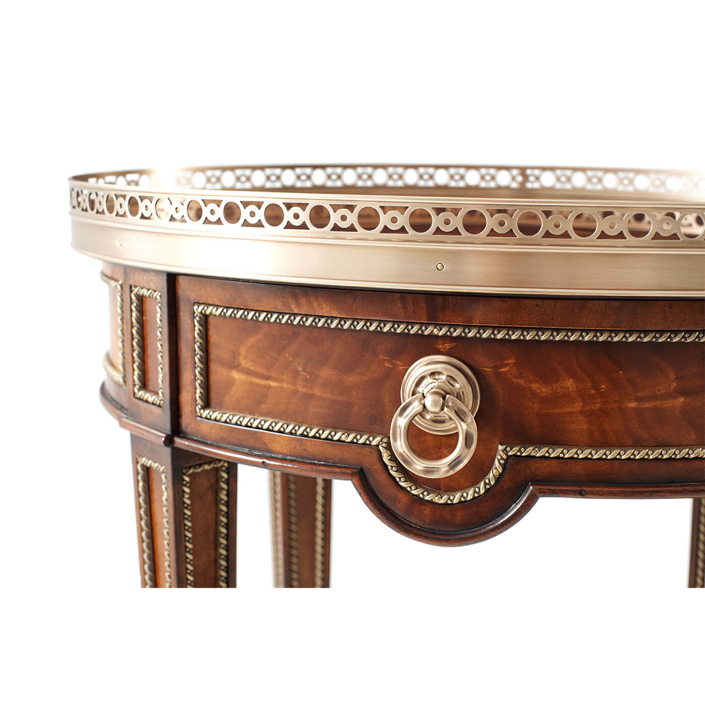 Oval end table, detail view, brass ring handle feature.