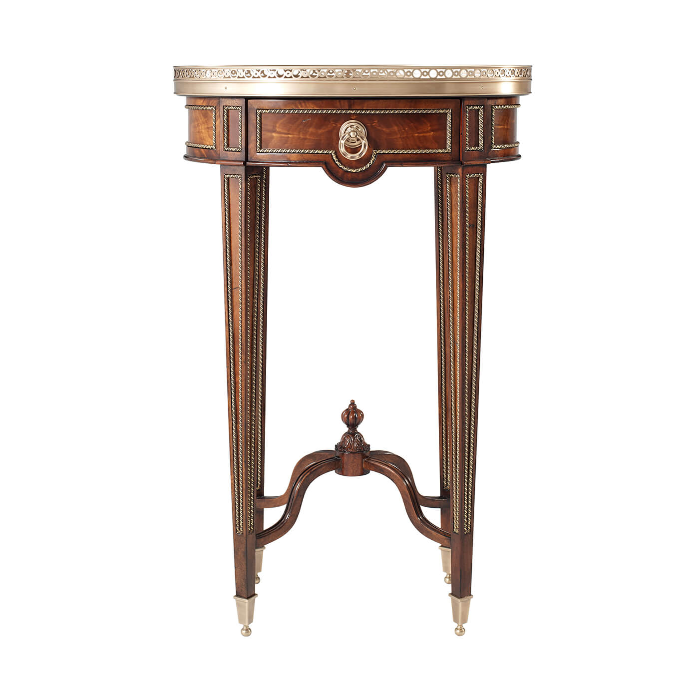 Oval end table, straight front view, elegant design.