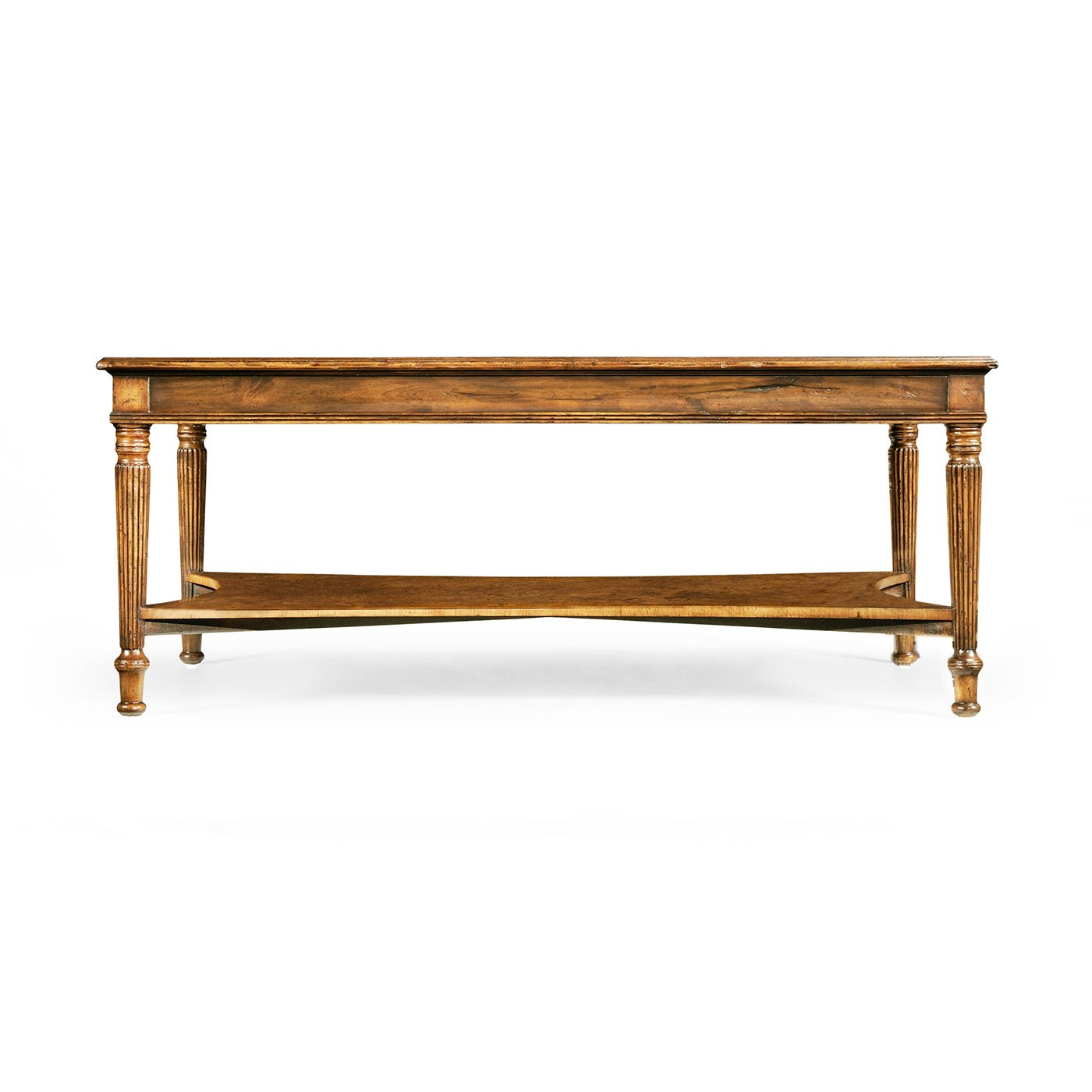 Side view of parquetry coffee table with fluted detailing.