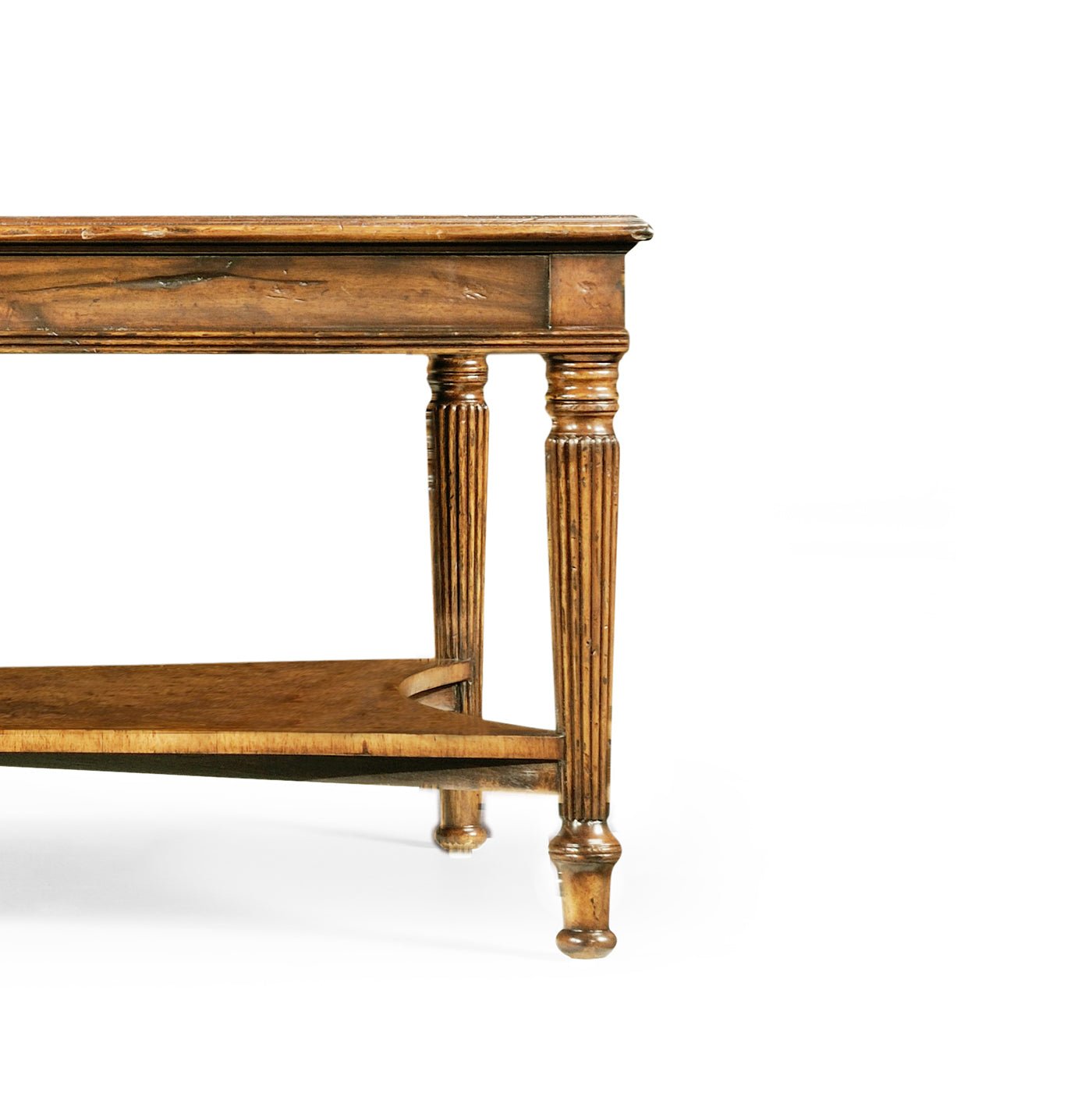 Detailed leg design on Louis XVI parquetry coffee table.