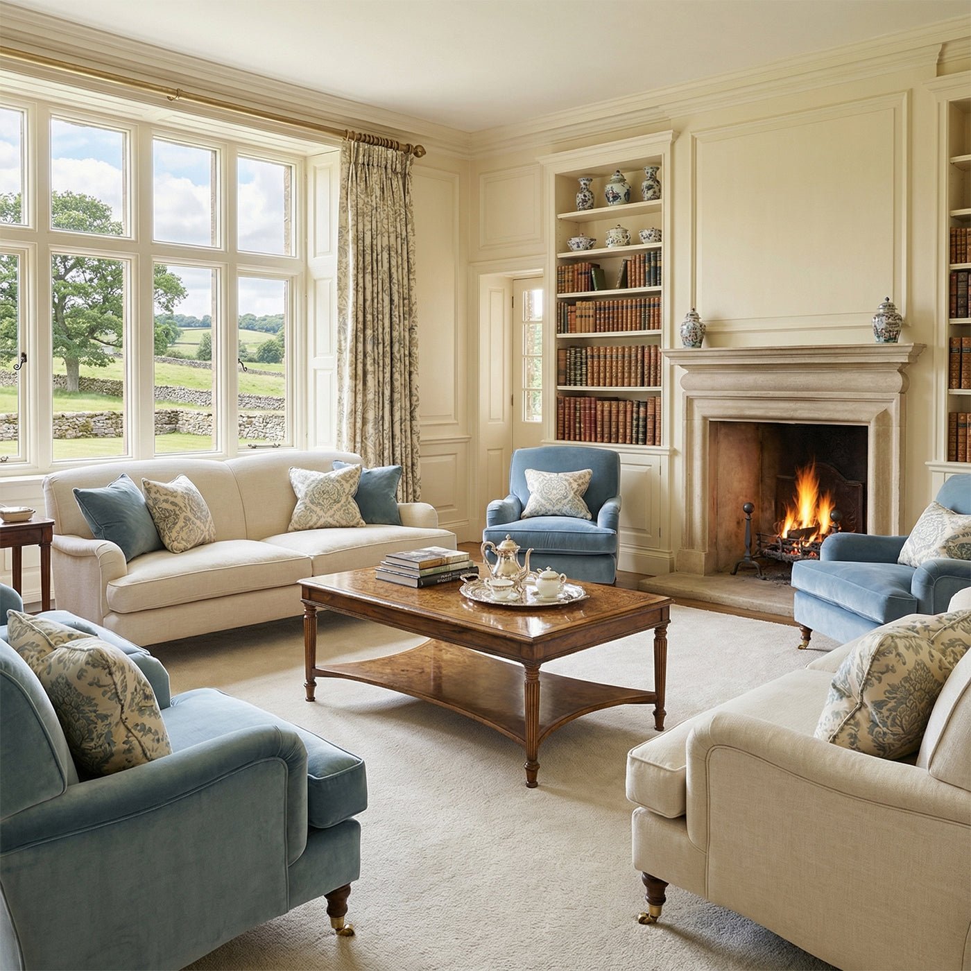 Elegant living room featuring parquetry coffee table centerpiece.
