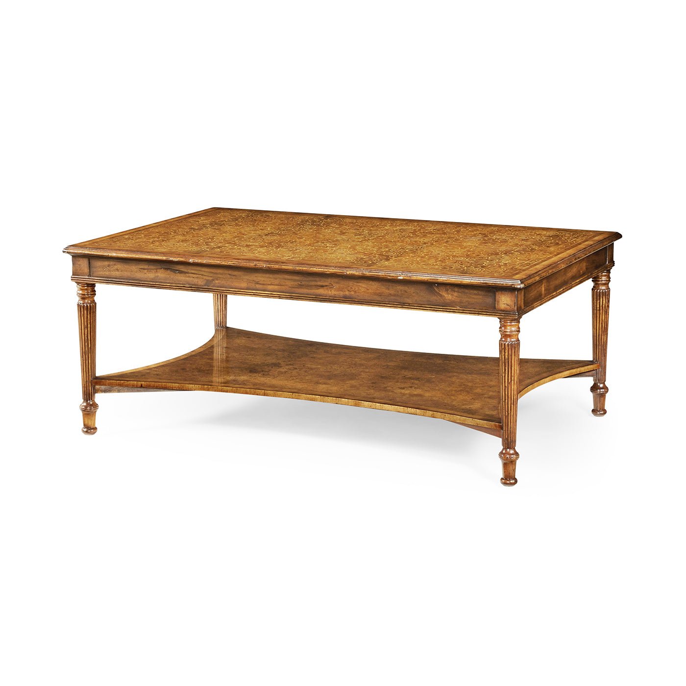 Rectangular parquetry coffee table with detailed fluted legs.