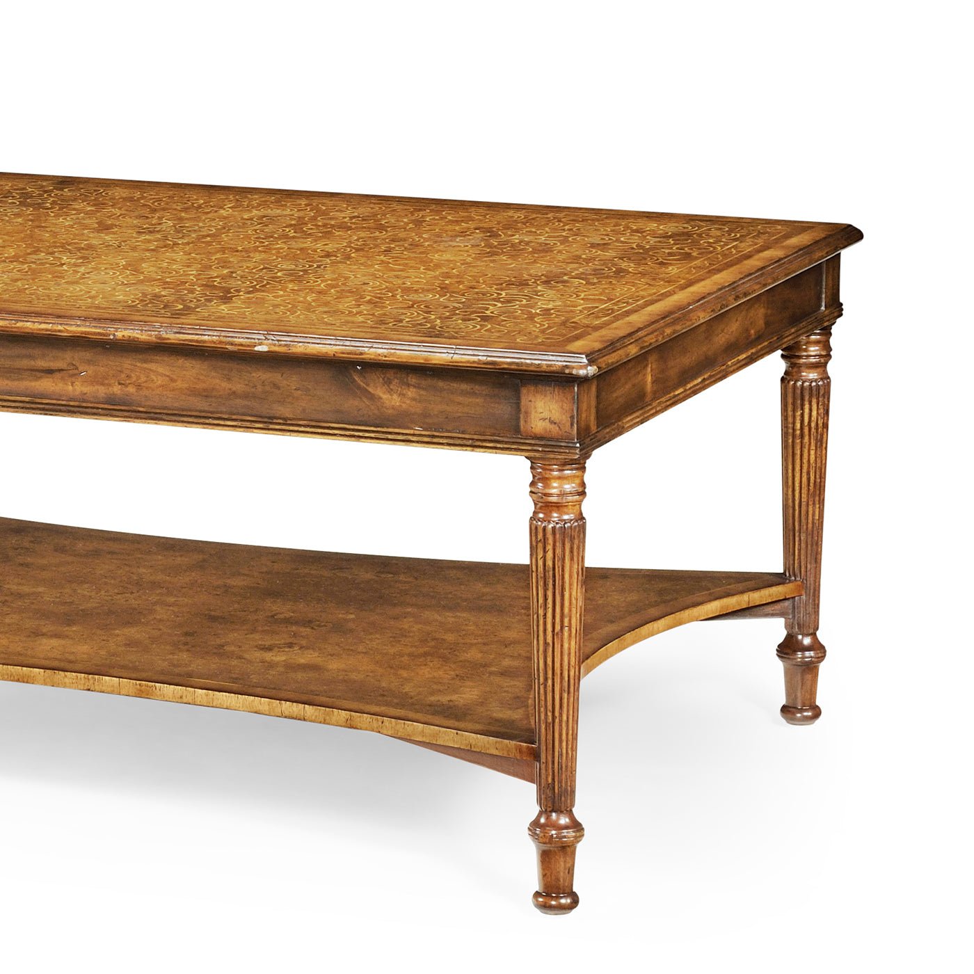 Close-up of corner detailing on parquetry coffee table.