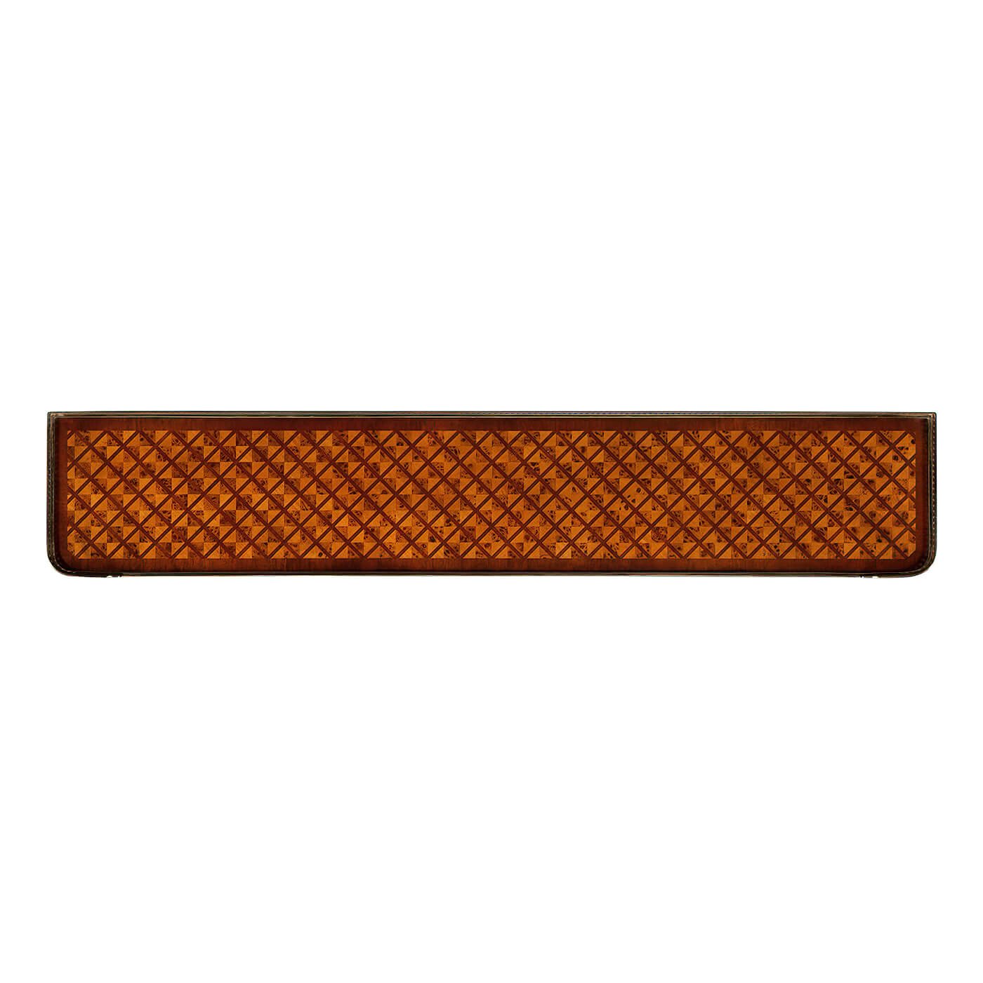 Top view of parquetry design on console table.