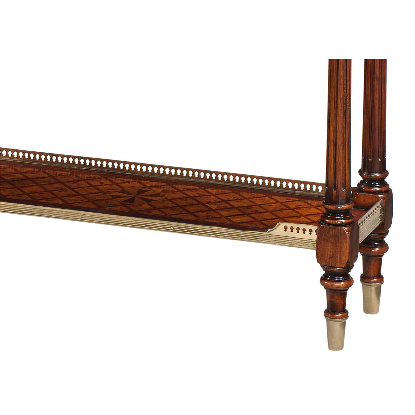 Detailed view of table legs and bottom trim design.