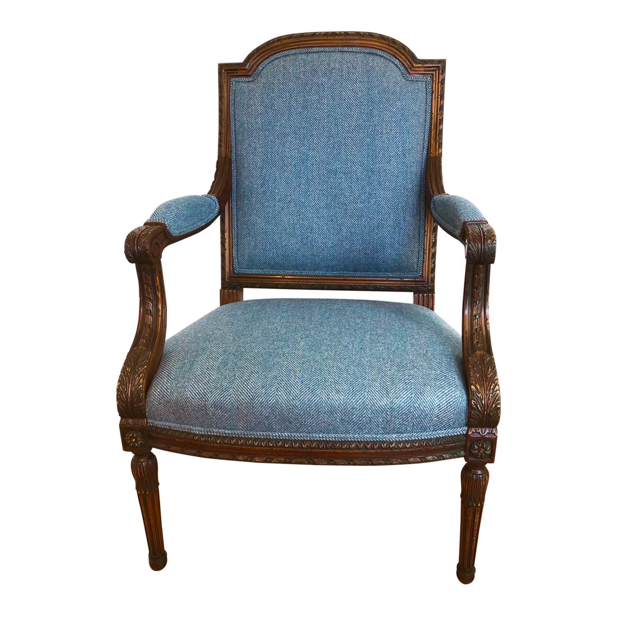 Front view, Louis XVI blue upholstered fauteuil.