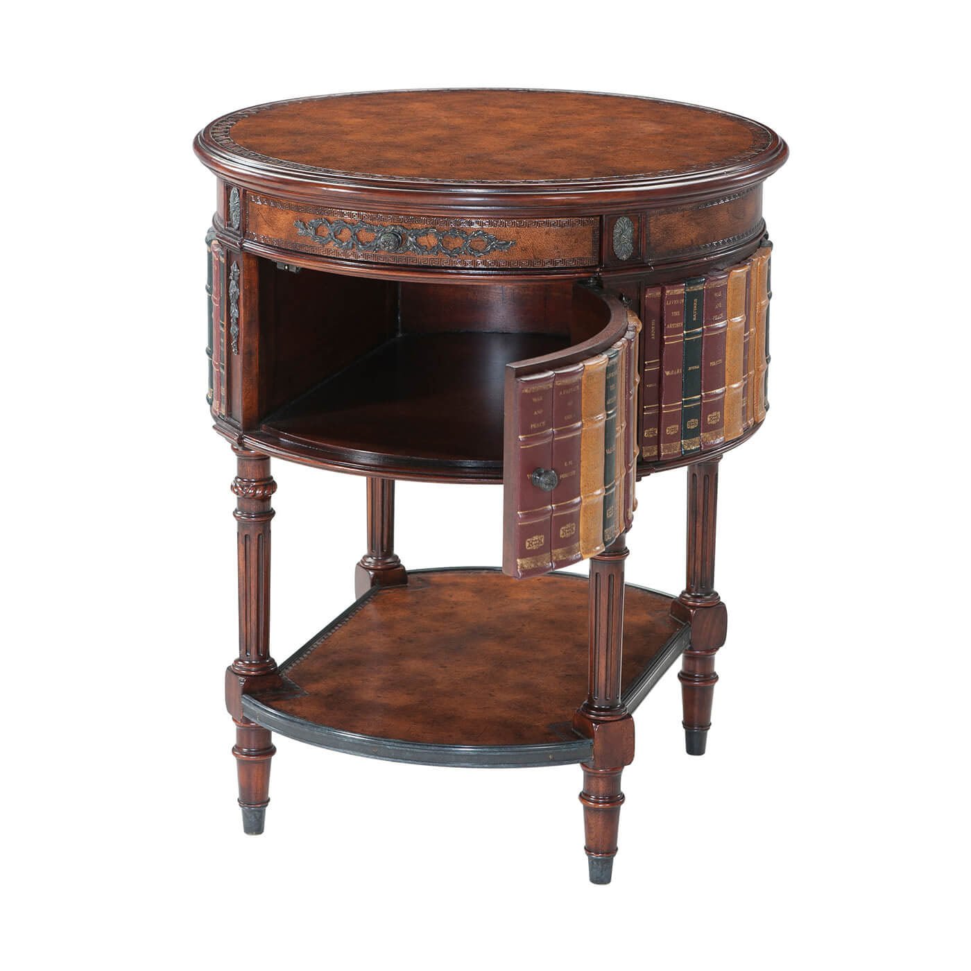 Open Louis XVI lamp table revealing hidden storage compartment.