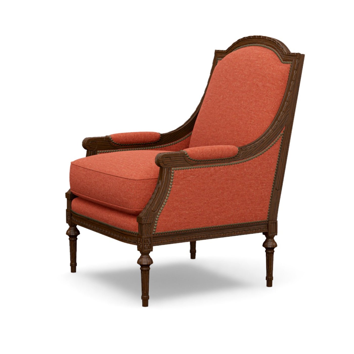 Angled view showcasing Louis XVI bergere chair design.