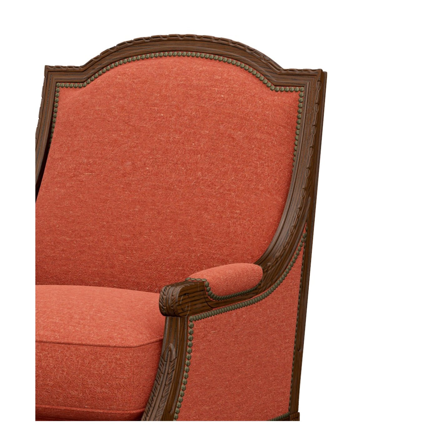 Close-up of Louis XVI bergere chair armrest and fabric.