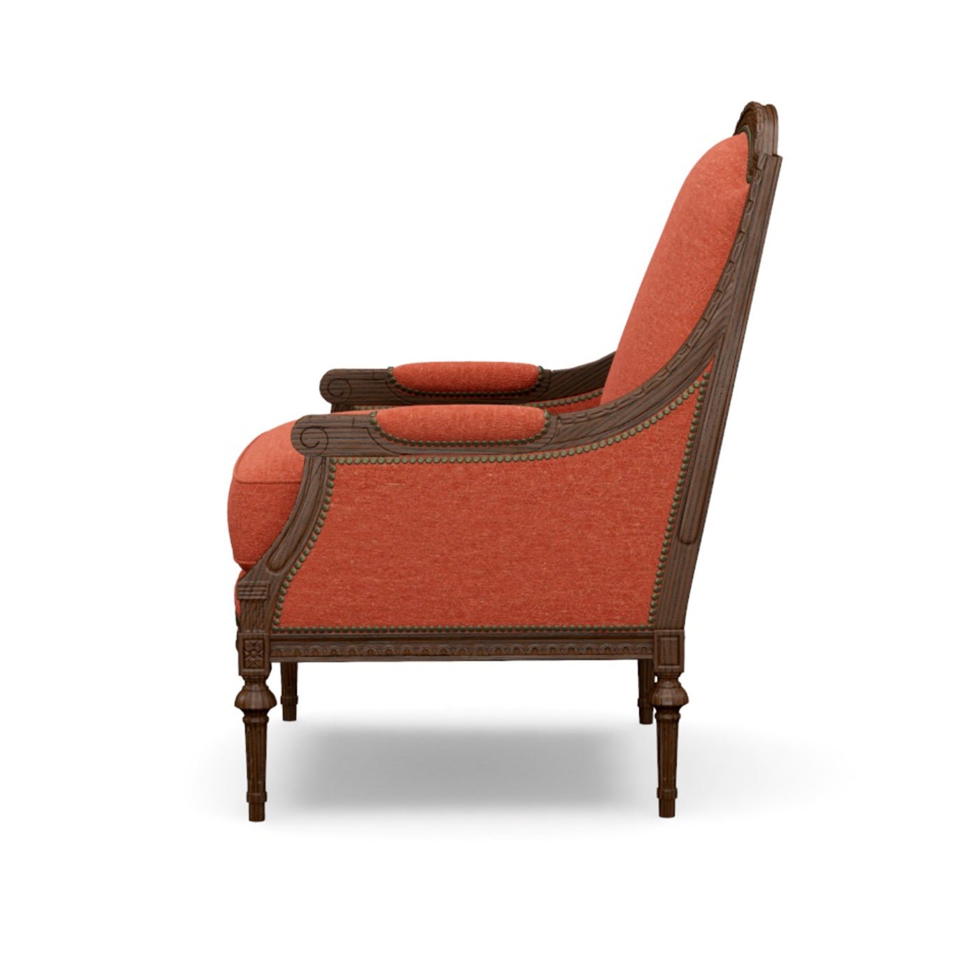Side profile of Louis XVI style bergere chair.