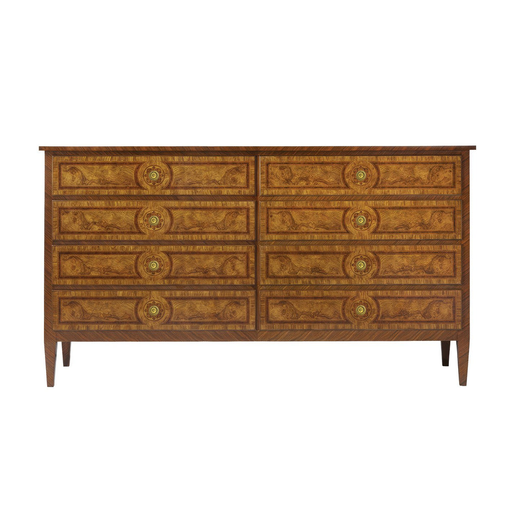 Louis XVI style burl dresser front view.