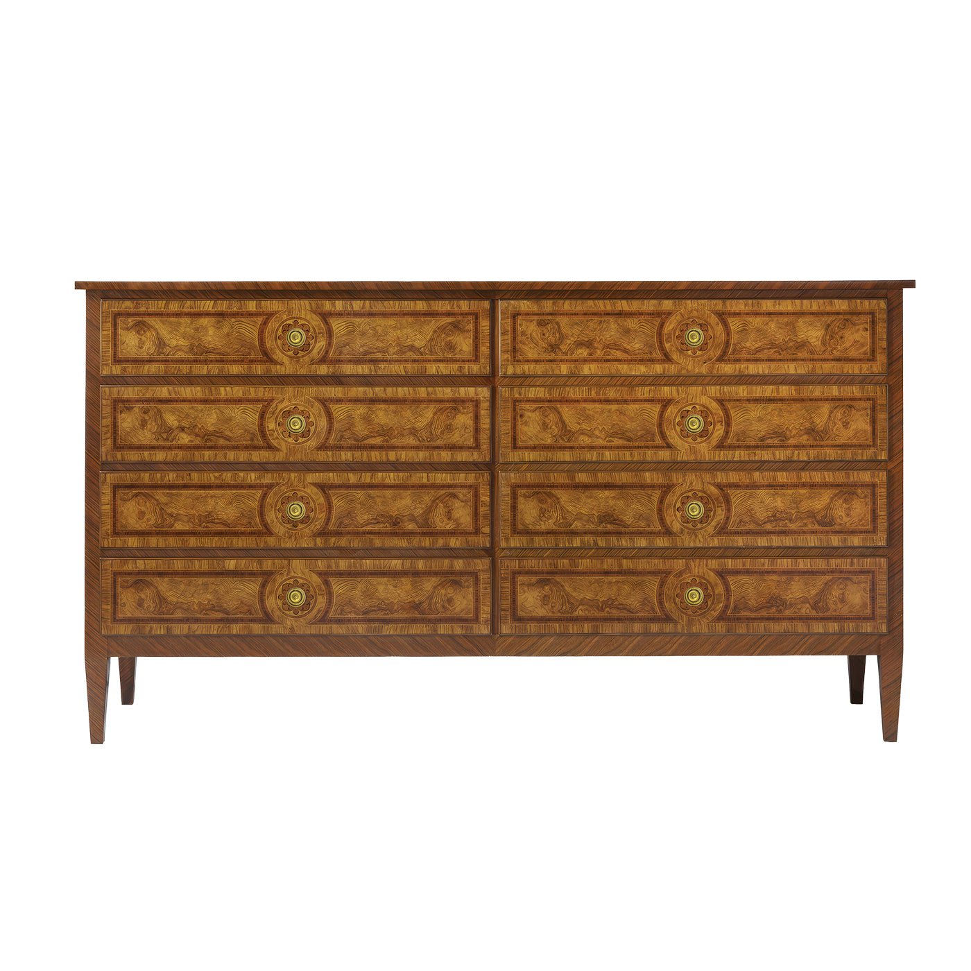 Louis XVI style burl dresser front view.