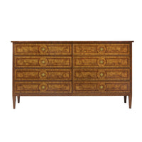 Louis XVI style burl dresser front view.