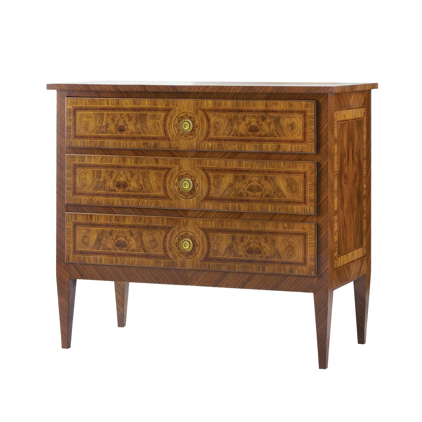 Louis XVI style burl nightstand, front view.