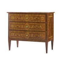 Louis XVI style burl nightstand, front view.