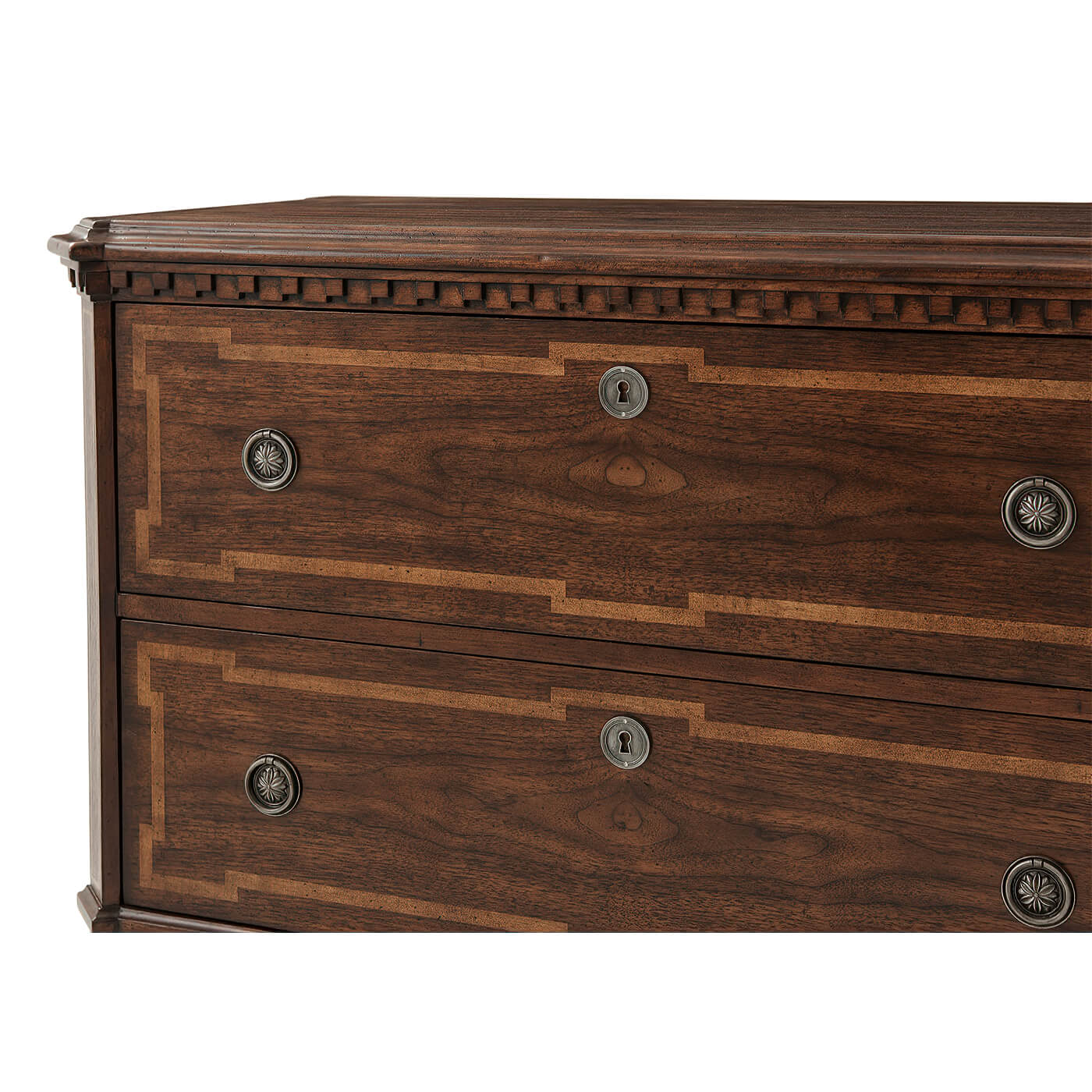 Close-up of Louis XVI commode drawer details.