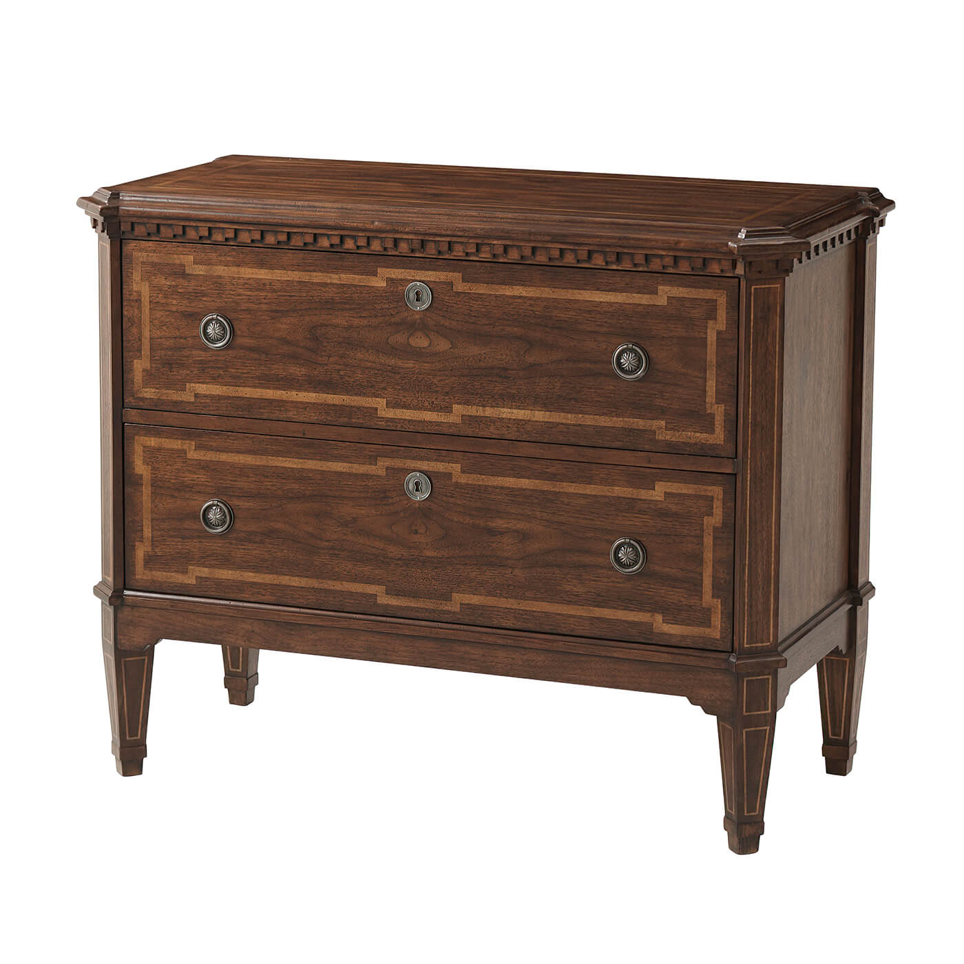 Closed Louis XVI style commode with two drawers.