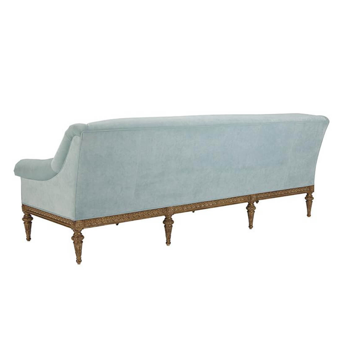 Light blue sofa, rear view, decorative legs.