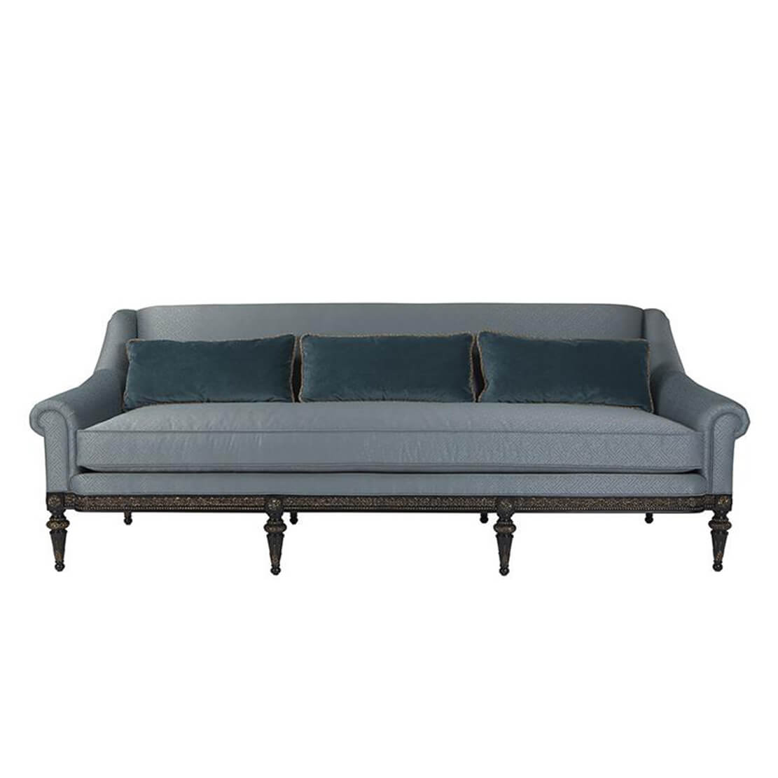 Dark blue sofa, front view, decorative legs.