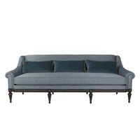 Dark blue sofa, front view, decorative legs.
