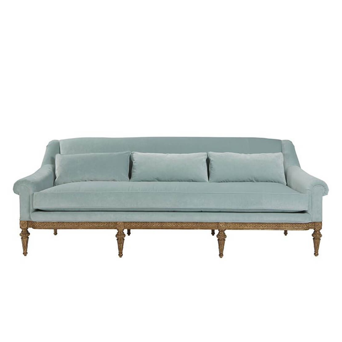 Light blue sofa, front view, decorative legs.