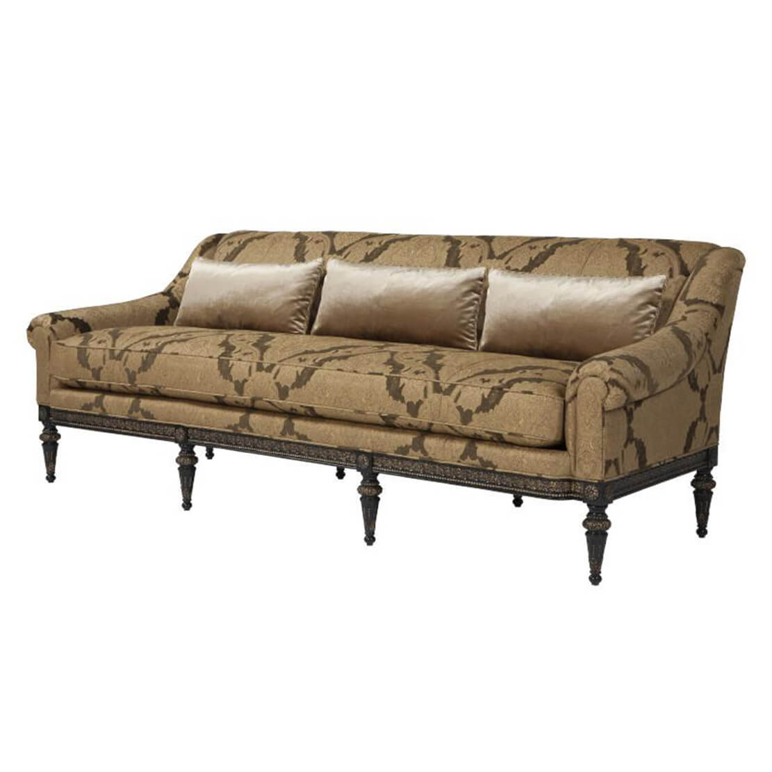 Patterned brown sofa, angled view, decorative legs.