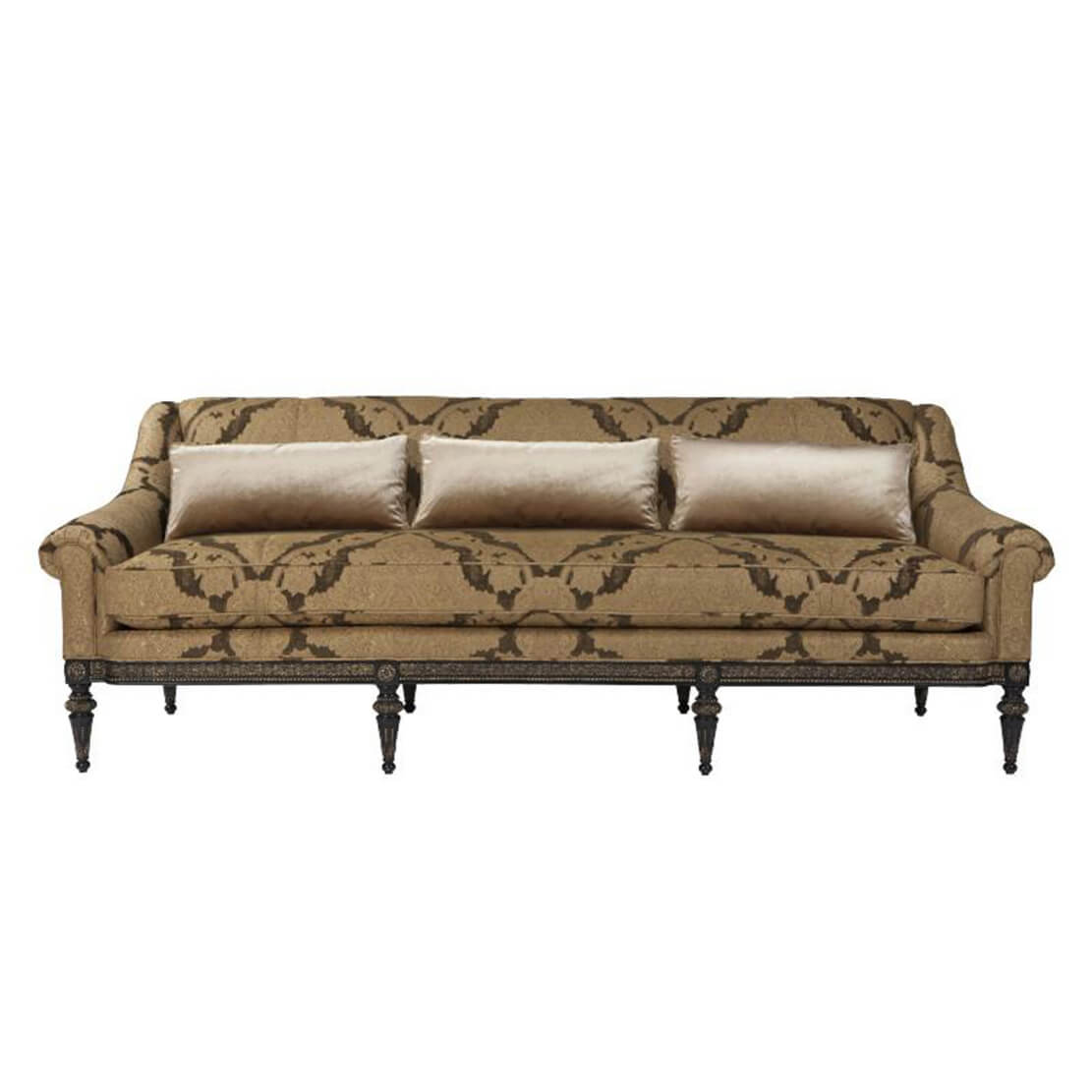 Patterned brown sofa, front view, decorative legs.