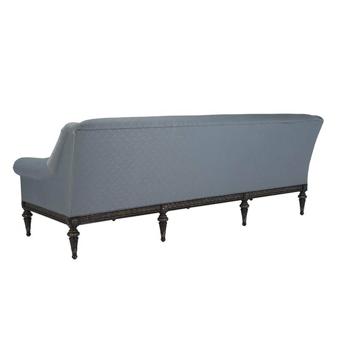 Dark blue sofa, rear view, decorative legs.