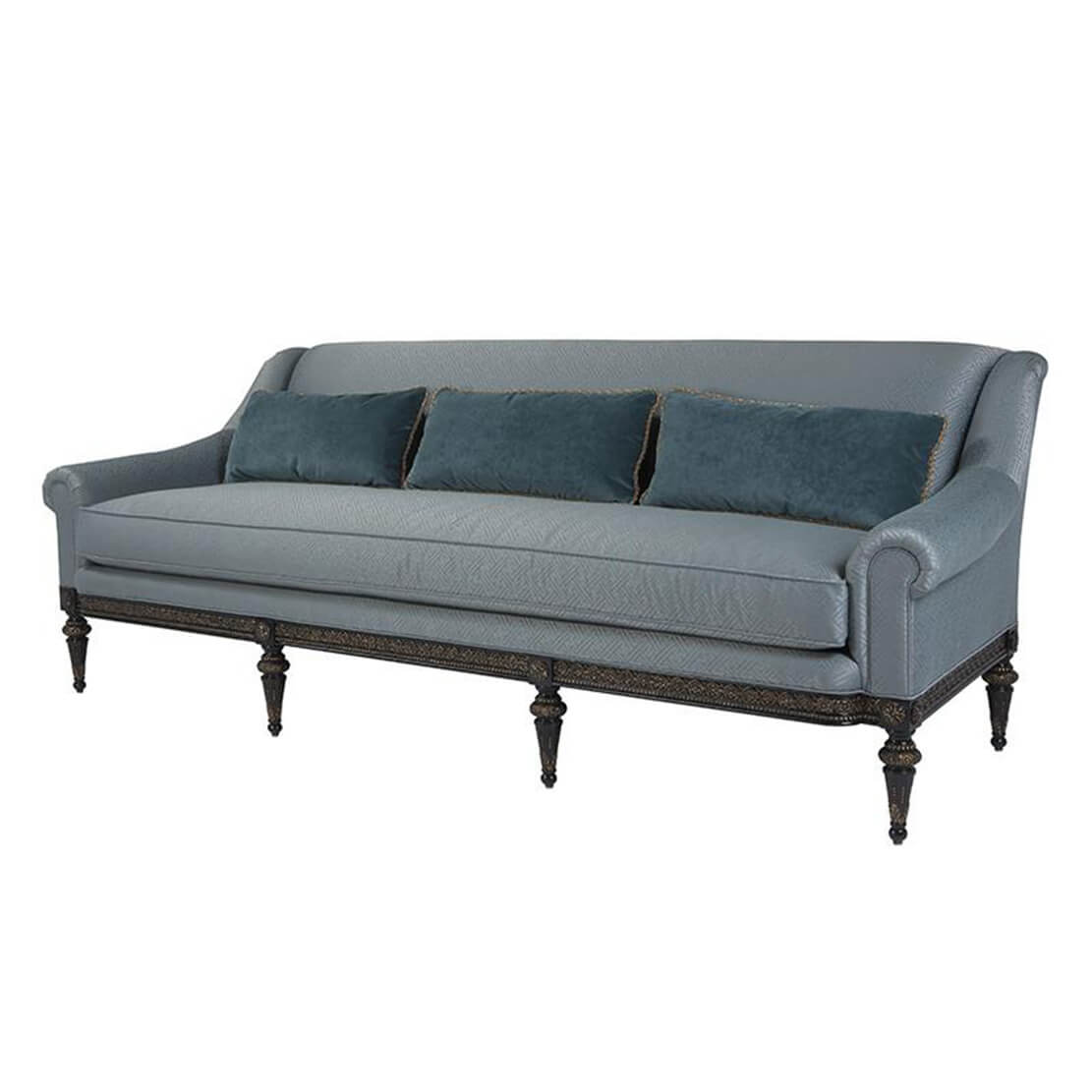 Dark blue sofa, angled view, decorative legs.