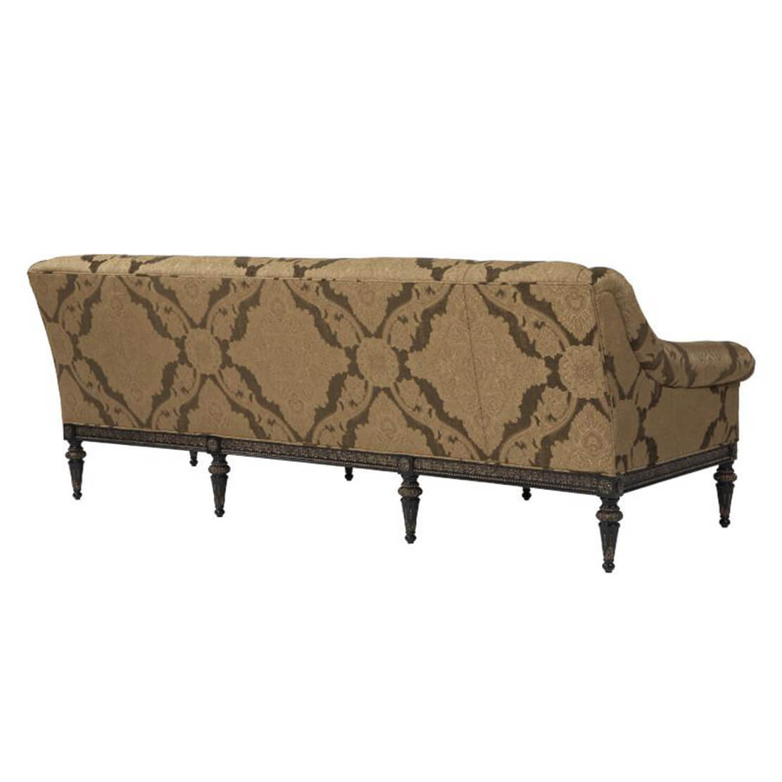 Patterned brown sofa, rear view, decorative legs.