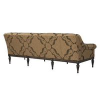 Patterned brown sofa, rear view, decorative legs.