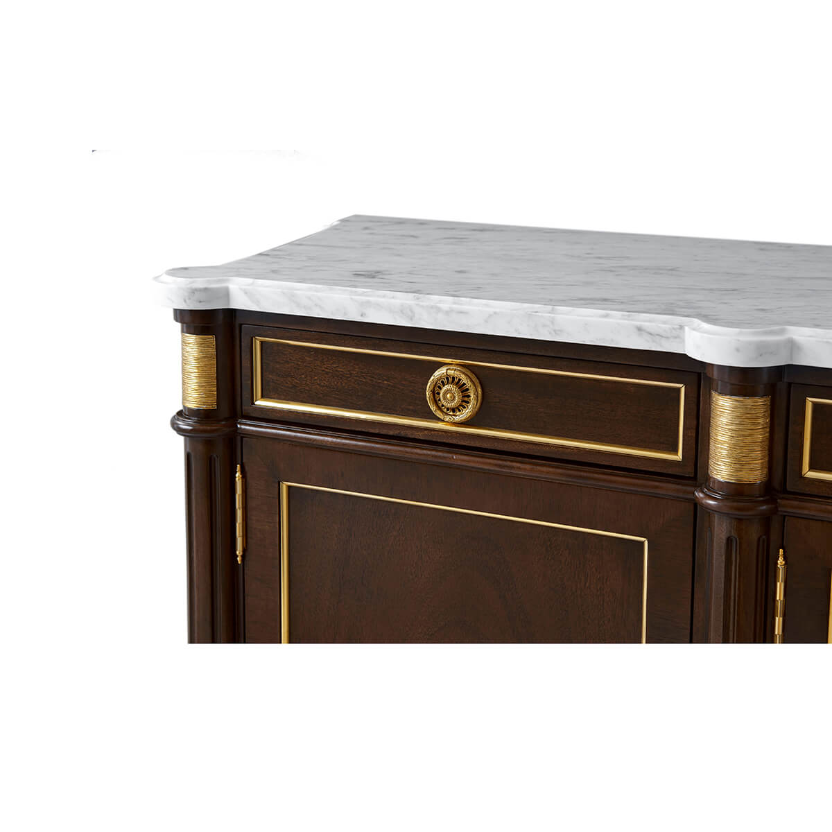 Close-up of marble top on Louis XVI buffet.