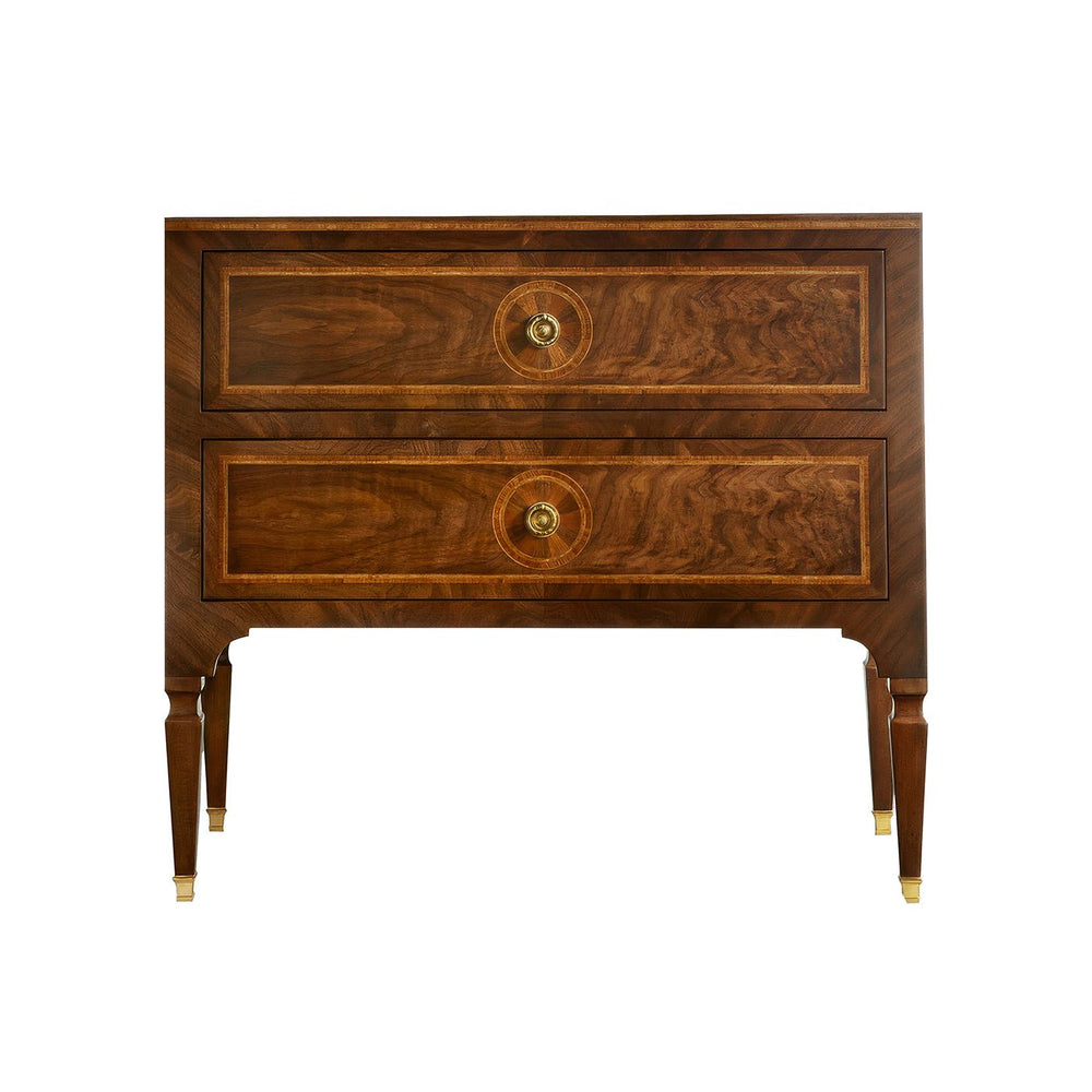 Louis XVI style inlaid bedside chest with two drawers.