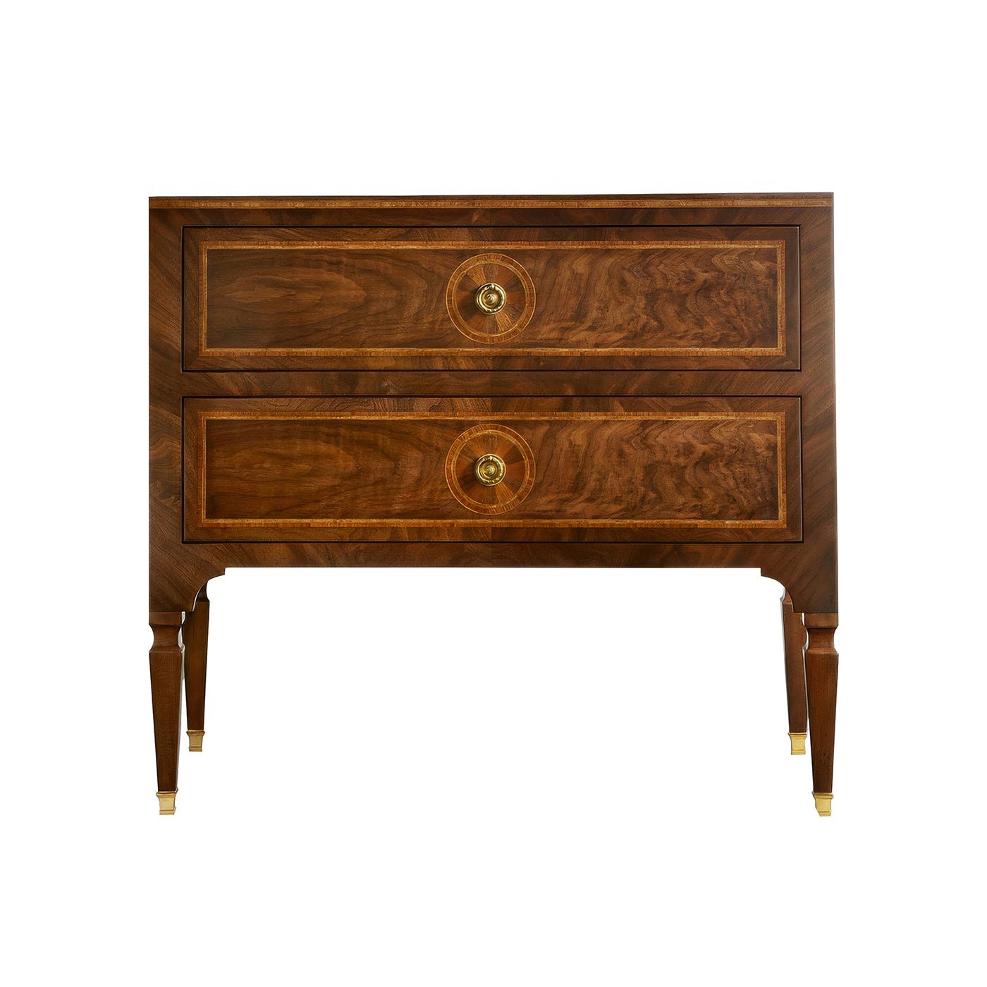 Louis XVI style inlaid bedside chest with two drawers.