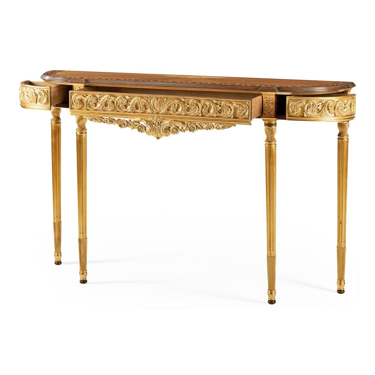 Side view of Louis XVI giltwood console table with drawers.
