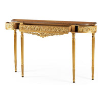 Side view of Louis XVI giltwood console table with drawers.