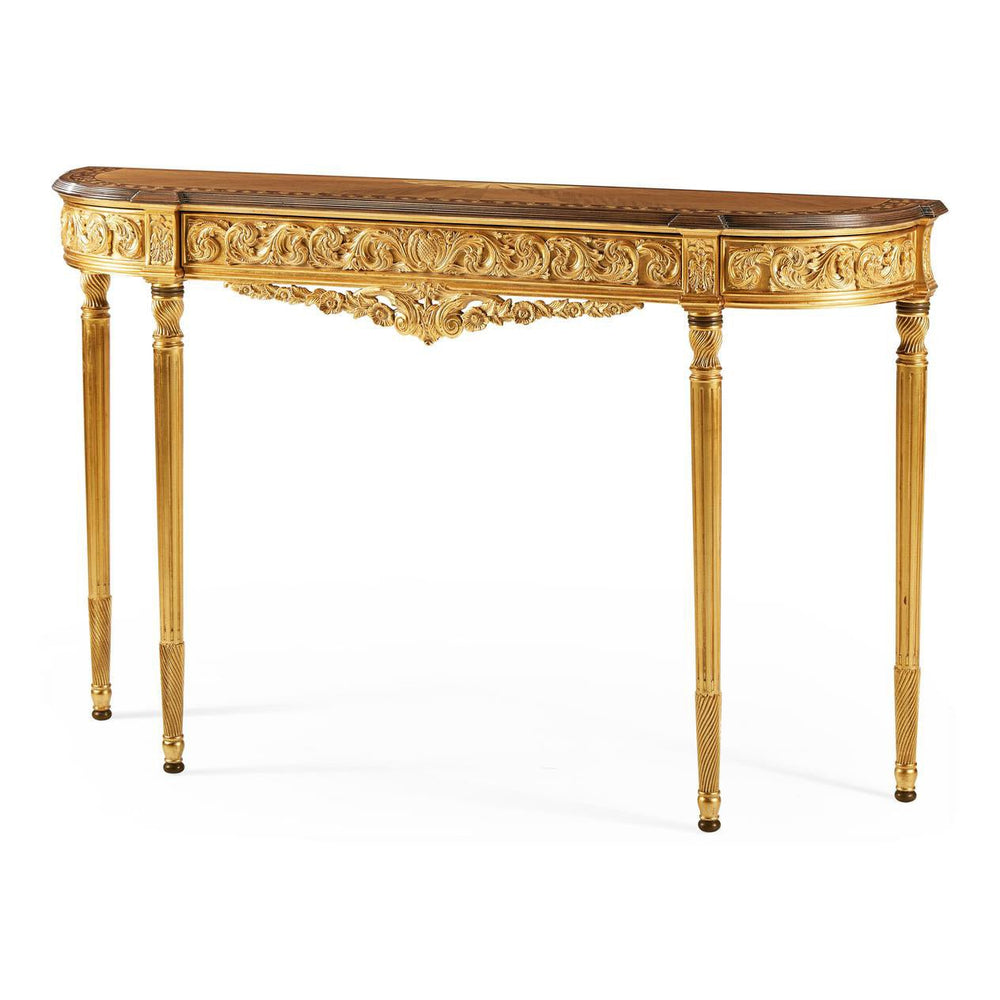 Louis XVI giltwood console table angled view.