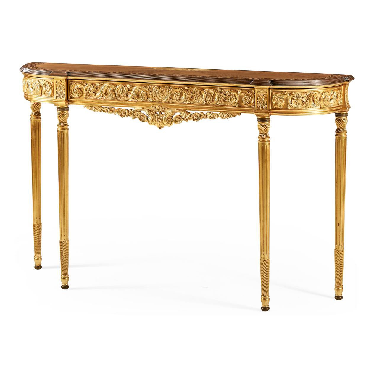 Louis XVI giltwood console table angled view.