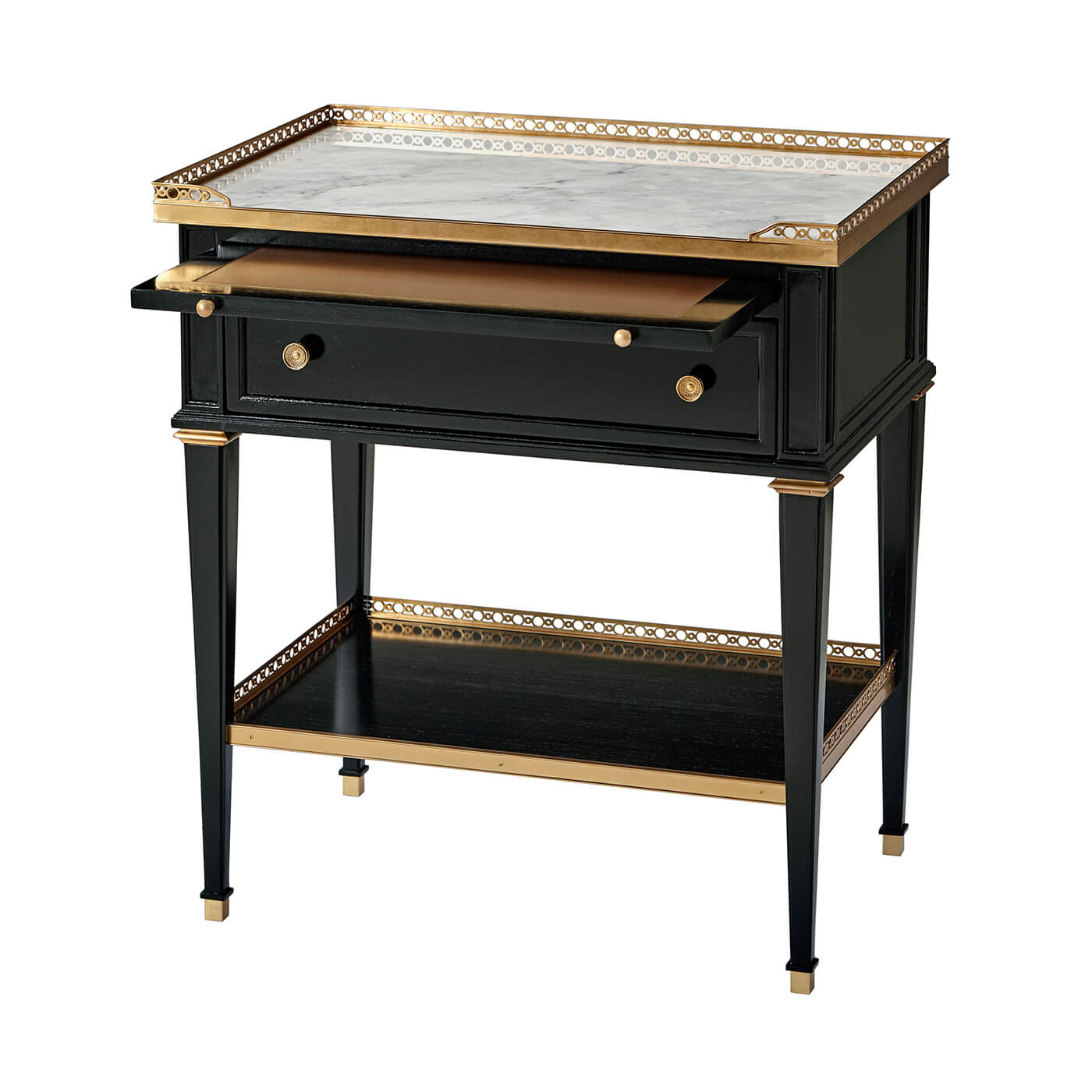 Nightstand drawer open showcasing black and gold details.
