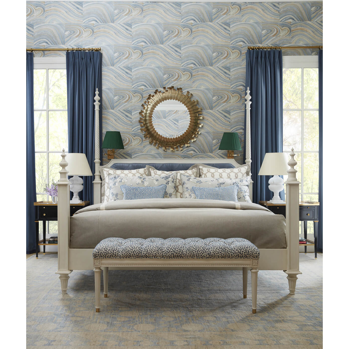 Elegant bedroom featuring Louis XVI style nightstands.