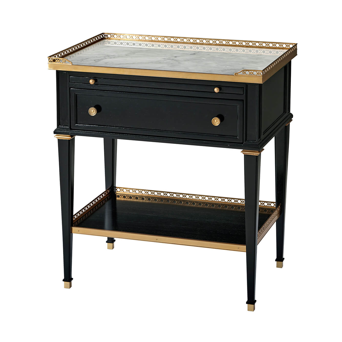 Black nightstand with marble top and gold accents.