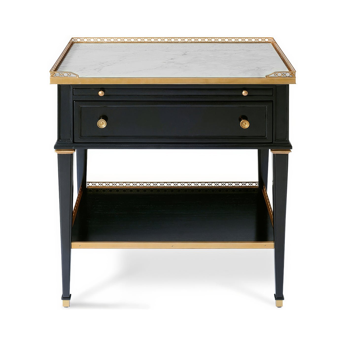 Front view of black nightstand with lower shelf.