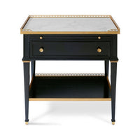 Front view of black nightstand with lower shelf.
