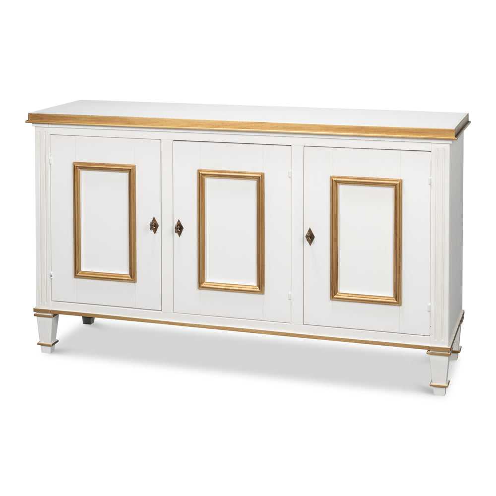 White and gold three-door buffet with applied panel molding and key pulls